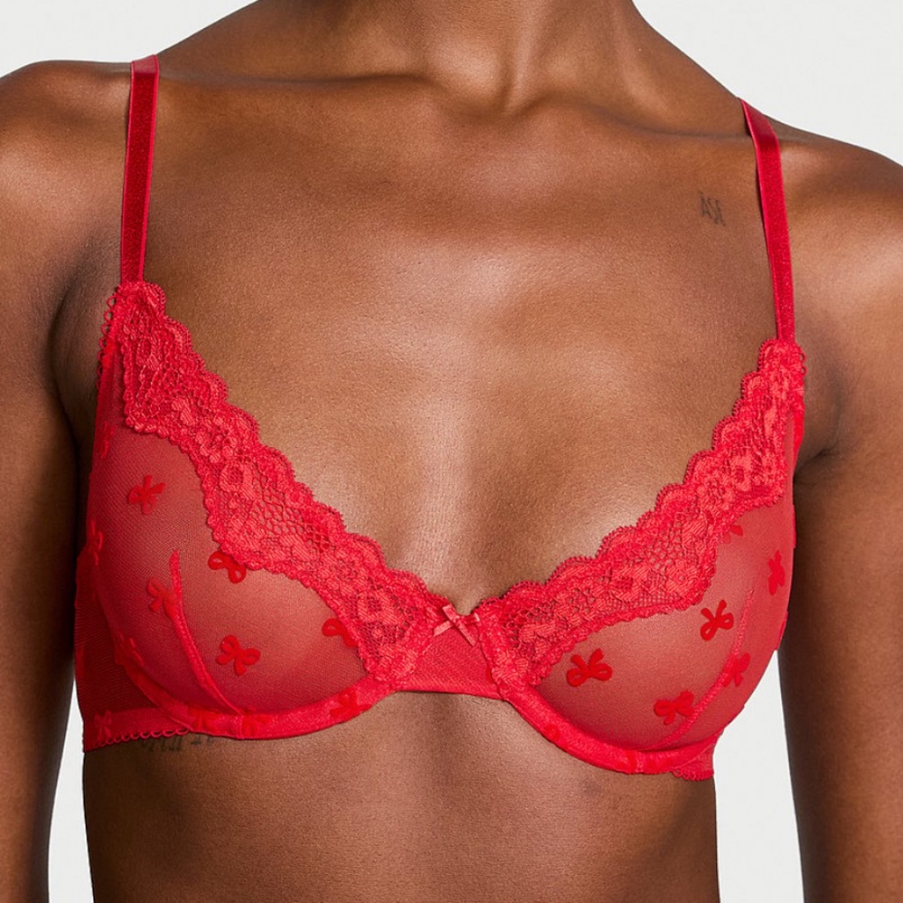 VS Tease Unlined Demi Bra - RED Bright Vermillion Bows and Undies to match! (XL)
